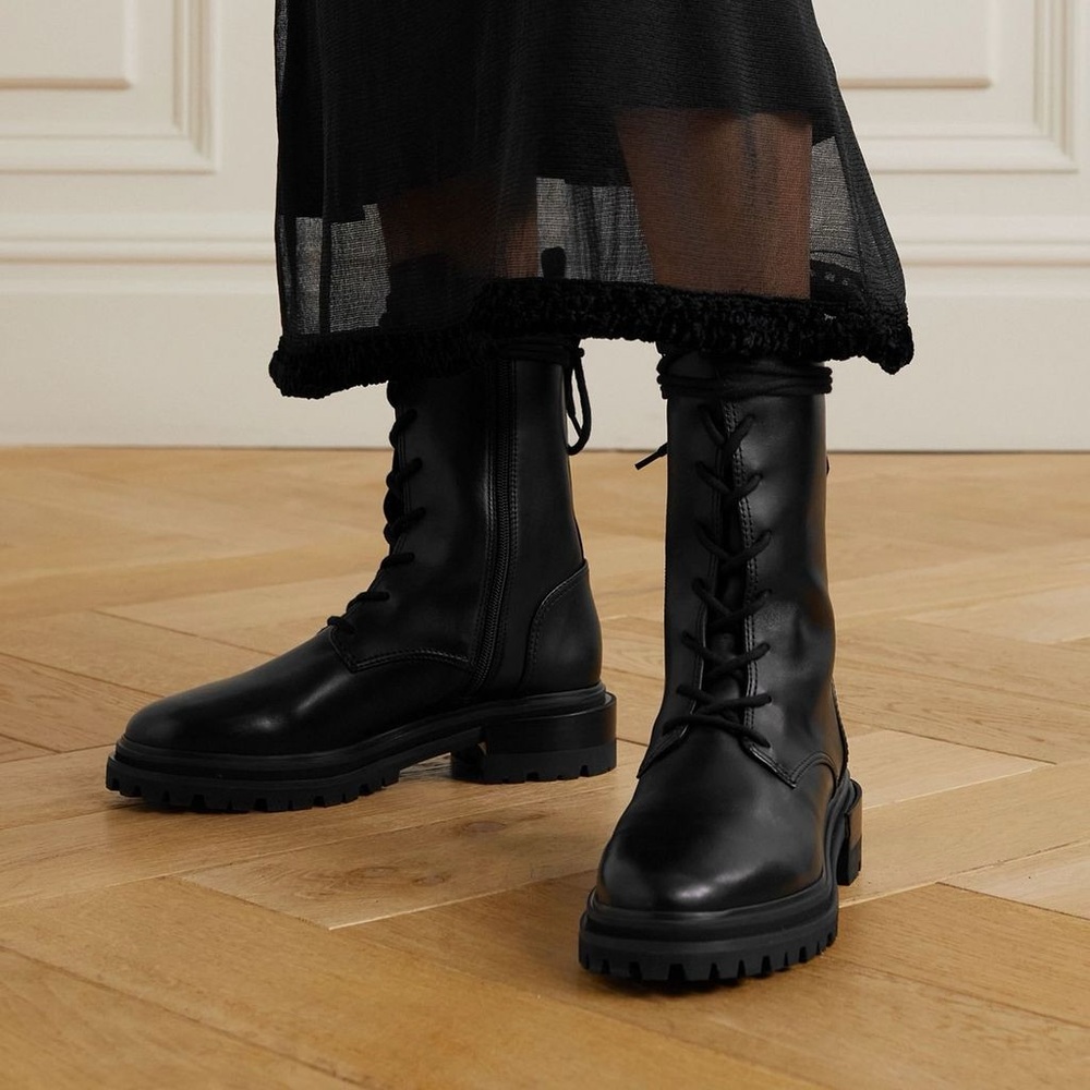 PORTE & PAIRE Leather Tall Black Combat Moto Boots - 7.5